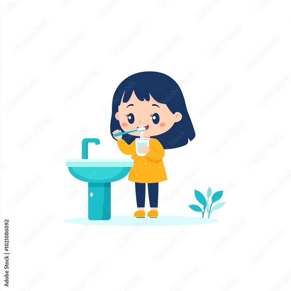 Cute illustration of a child brushing teeth at a sink, promoting dental hygiene habits in kids. Cute illustration of a child brushing teeth at a sink, promoting dental hygiene habits in kids.