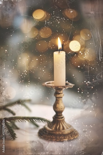 Vintage candle in brass holder with blurred Christmas lights and snowy background