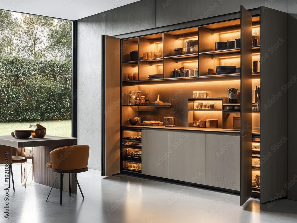A compact minimalist pantry that hides storage behind smooth, handleless cabinet doors A compact minimalist pantry that hides storage behind smooth, handleless cabinet doors