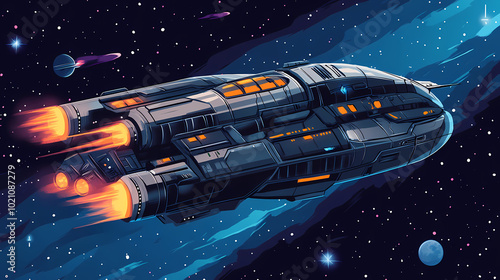 Fototapeta Naklejka Na Ścianę i Meble -  A futuristic and modern combat spaceship flying in space. Starship Dock. Illustration