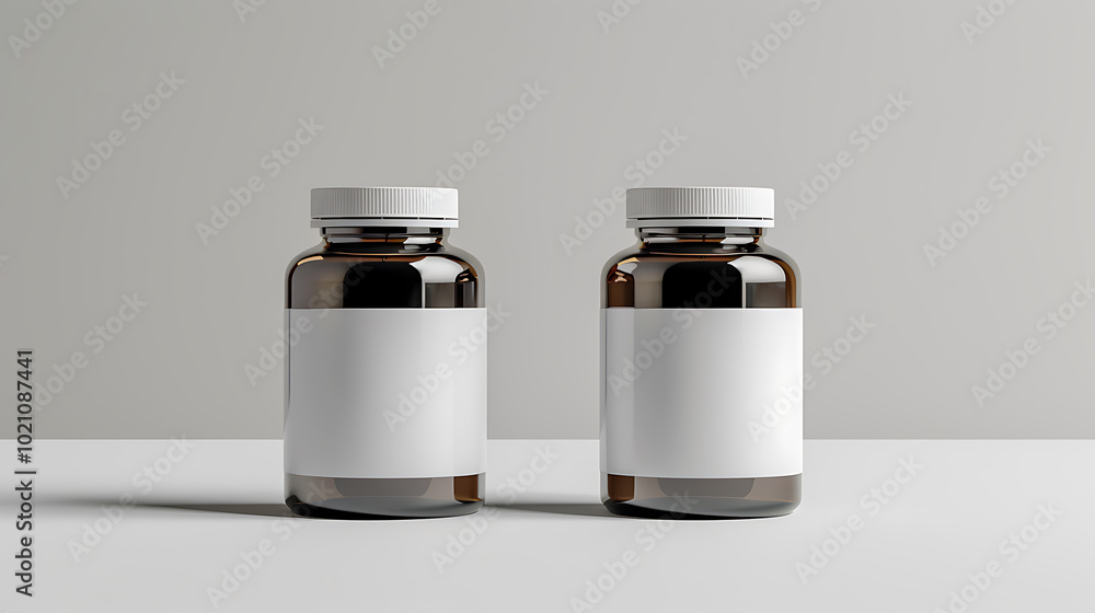 Two amber glass bottles with white labels and white caps. Two amber glass bottles with white labels and white caps.