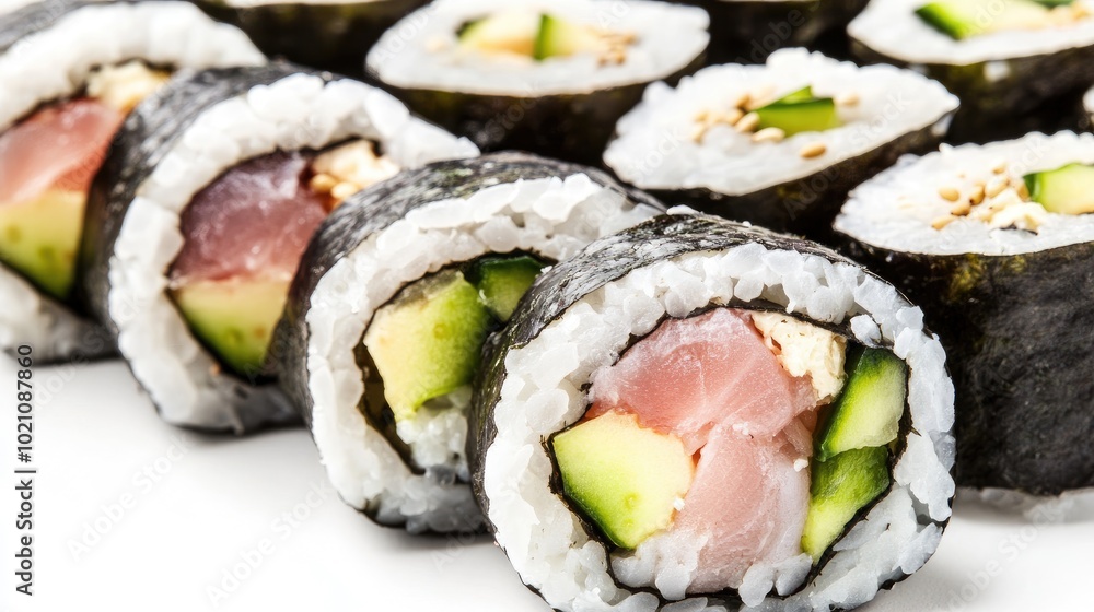 Fresh sushi rolls with vibrant ingredients like avocado, tuna, and rice, placed on a white background. Highlighting healthy and trendy cuisine. Fresh sushi rolls with vibrant ingredients like avocado, tuna, and rice, placed on a white background. Highlighting healthy and trendy cuisine.