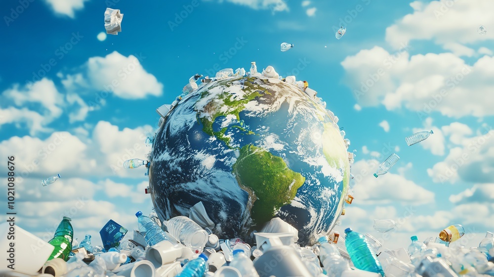 Naklejka premium Planet Earth surrounded by plastic waste under vibrant sky, reflecting environmental concerns.