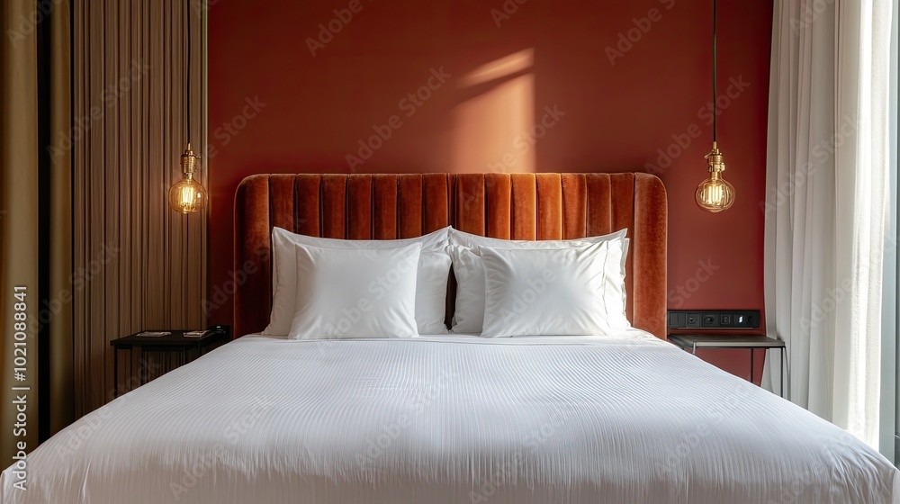 Luxurious king-size bed with velvet headboard, white linens, and plush pillows, set in a minimalistic bedroom. Highlighting elegance and comfort. Luxurious king-size bed with velvet headboard, white linens, and plush pillows, set in a minimalistic bedroom. Highlighting elegance and comfort.