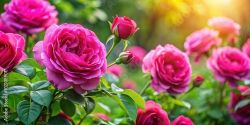 A lush rose bush bursting with vibrant pink blooms, bathed in the warm glow of the setting sun