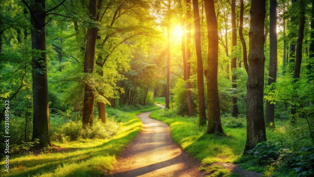 A winding path through a vibrant forest, sunlight filtering through the trees, casting long shadows on the grassy ground A winding path through a vibrant forest, sunlight filtering through the trees, casting long shadows on the grassy ground
