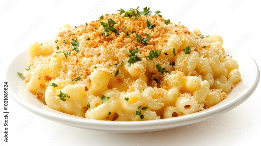Plate of classic macaroni and cheese with a golden breadcrumb topping, sitting against a white background. Ultimate comfort food. Plate of classic macaroni and cheese with a golden breadcrumb topping, sitting against a white background. Ultimate comfort food.