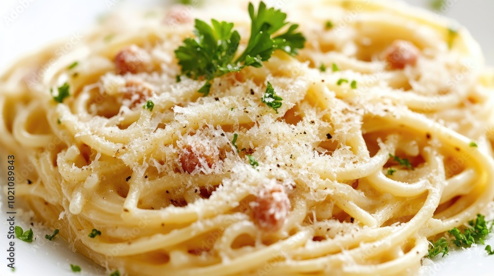 Plate of creamy spaghetti carbonara with Parmesan cheese and parsley garnish, set on a clean white background. Italian cuisine at its finest. Plate of creamy spaghetti carbonara with Parmesan cheese and parsley garnish, set on a clean white background. Italian cuisine at its finest.