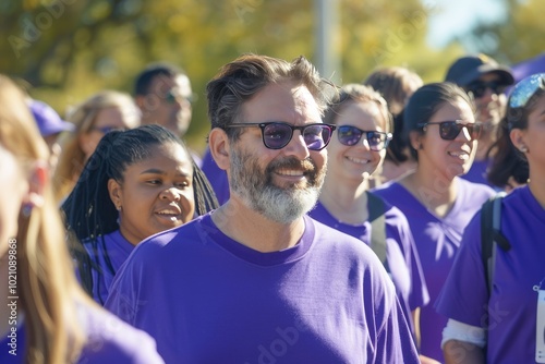 A group of people wearing purple shirts at a charity walk for IBD awareness