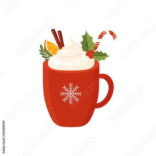 Mug of cocoa with whipped cream, cinnamon, orange, and a candy cane. Vector illustration.