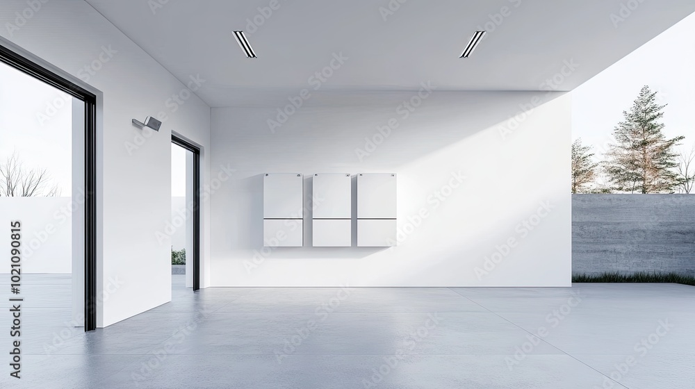 Fototapeta premium Sleek home battery packs mounted on a modern garage wall, offering sustainable electric energy storage as a backup power system. Clean white background.
