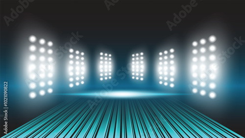 Abstract technology background stadium stage hall with scenic lights of round futuristic technology user interface Blue vector lighting empty stage spotlight background.