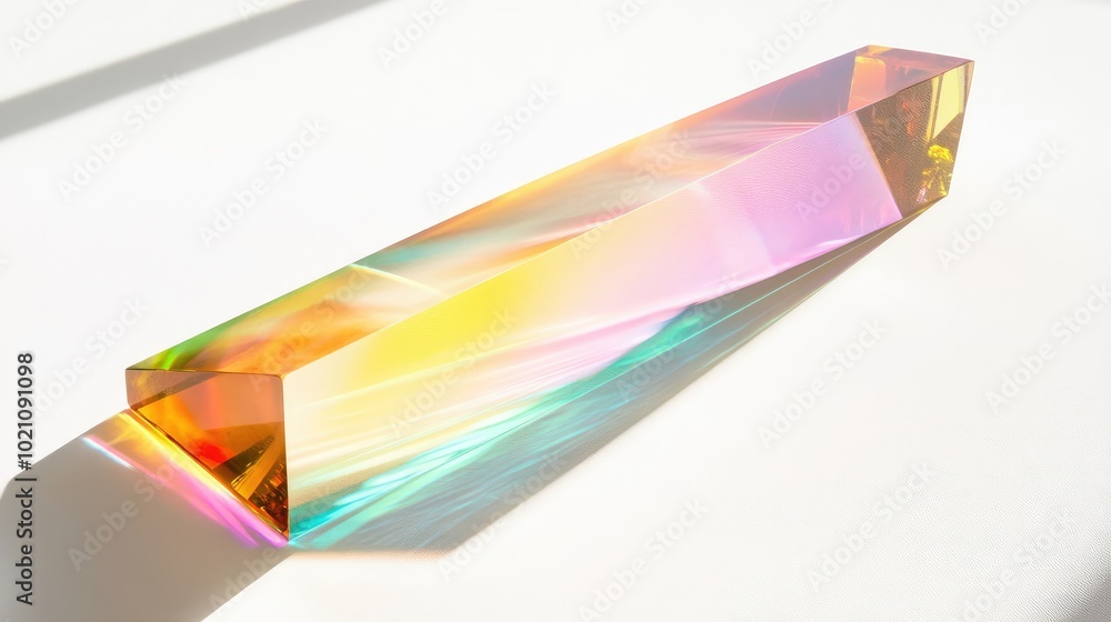 A detailed shot of a colored glass prism refracting sunlight into different shades, creating a rainbow of hues on a white background A detailed shot of a colored glass prism refracting sunlight into different shades, creating a rainbow of hues on a white background