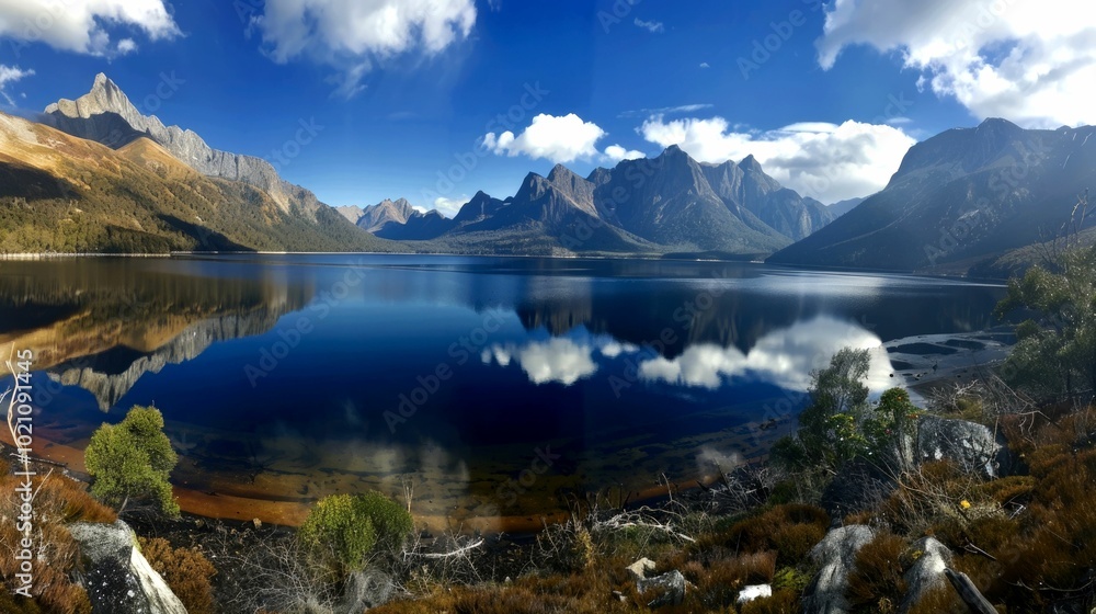 Obraz premium Stunning panoramic view of a serene lake surrounded by majestic mountains and clear blue skies.