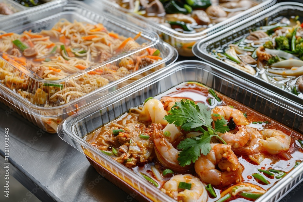 A variety of Asian food is served in plastic containers on a table, generative ai image A variety of Asian food is served in plastic containers on a table, generative ai image