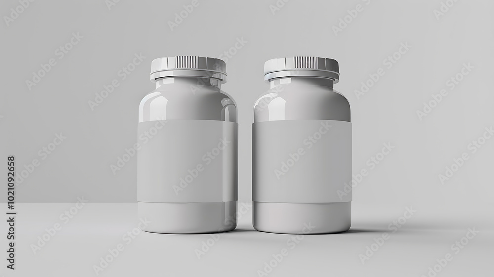 Two white pill bottles with blank labels sit side-by-side on a table. Two white pill bottles with blank labels sit side-by-side on a table.