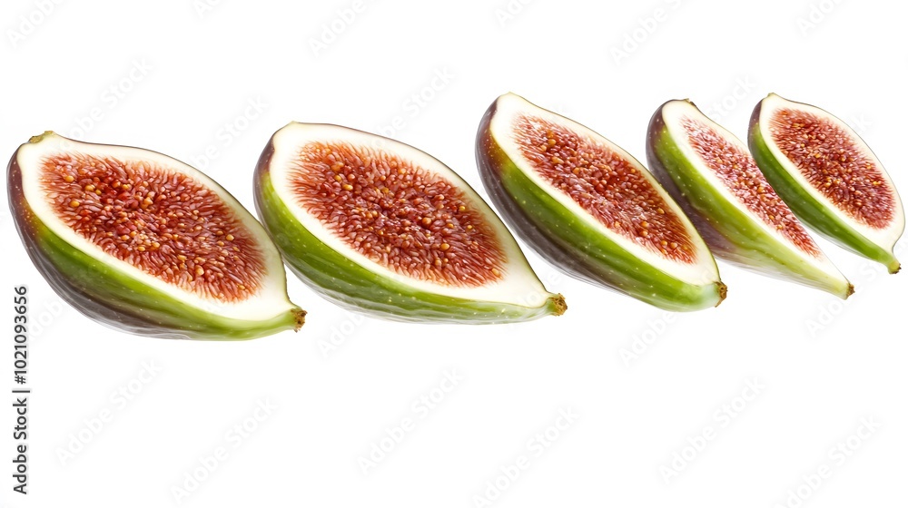 Fig Slices in Motion: isolate on white background. A dynamic shot capturing fig slices falling through the air against the white backdrop. The motion blur adds energy and excitement to the image. Fig Slices in Motion: isolate on white background. A dynamic shot capturing fig slices falling through the air against the white backdrop. The motion blur adds energy and excitement to the image.