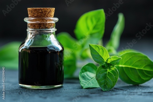 Glass bottle with herbal oil and fresh leaves photo