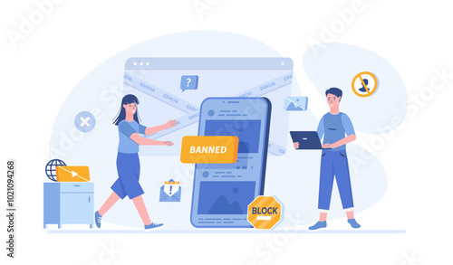 Blocking, banned user account on social media. Error, Access is denied. Account safety and secure. Vector illustration with characters in flat design for web banner.