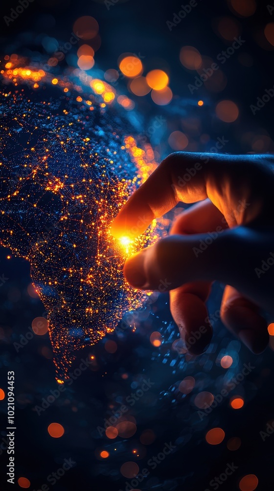Hand touching illuminated earth globe