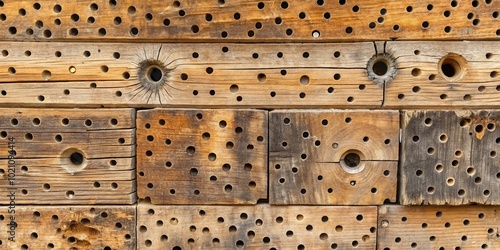 A weathered wooden panel with various sized circular holes and a natural, worn texture.