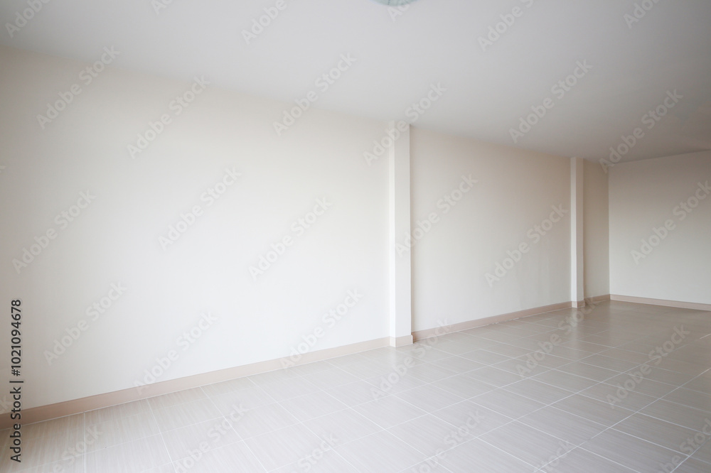 White room for the background. empty room interior, white mortar wall and clean tile floor in a new house White room for the background. empty room interior, white mortar wall and clean tile floor in a new house