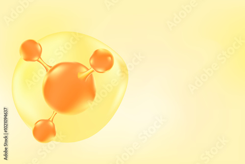 Gold, orange collagen 3d glowing glass texture molecule formula. Hyaluronic acid serum chemical formula light yellow watercolor background with copy space. Beauty treatment nutrition.