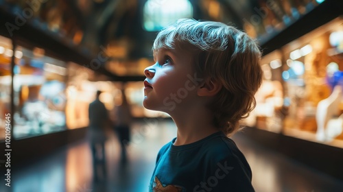 A young boy stares in awe at a display case in a museum.
