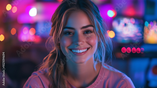 Caucasian Woman Gamer - smiling, woman, portrait, neon, colorful, happy, young, beauty, joyful, glowing, casual, illuminated, trendy, relaxed, vibrant