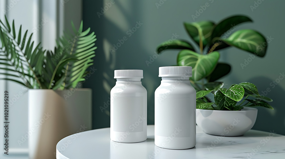 Two white pill bottles sit on a table with green plants in the background. Two white pill bottles sit on a table with green plants in the background.