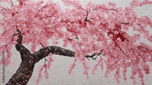 Vibrant mosaic art of a cherry blossom tree in full bloom, showcasing intricate pink petals.
