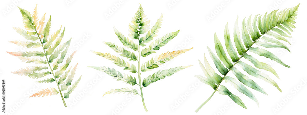 Set of green watercolor ferns isolated from the background Set of green watercolor ferns isolated from the background