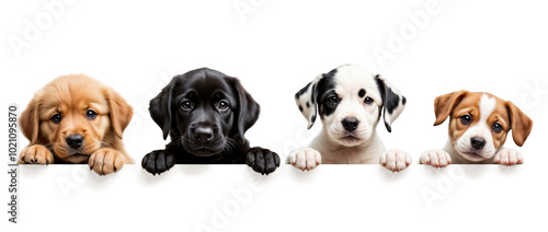 Four adorable puppies peeking over a white surface