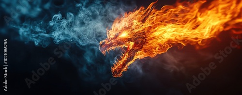 Closeup of smoke billowing from a chimeras mouth, the flames and smoke creating dynamic movement, with sharp focus on the mythical creature photo