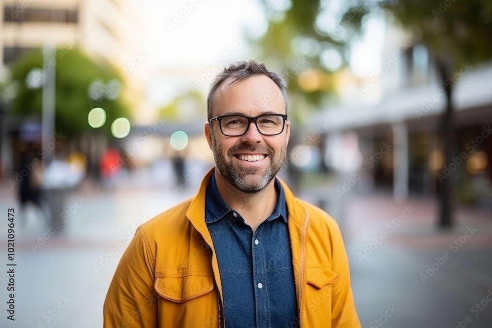 Portrait of a handsome middle-aged man with glasses and a yellow jacket smiling at the camera Portrait of a handsome middle-aged man with glasses and a yellow jacket smiling at the camera