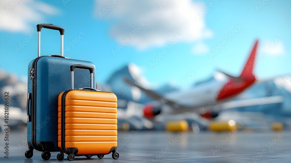 Piles of modern sleek suitcases in a bustling airport terminal showcasing a clean and minimalistic 3D rendering that represents a world of destinations and the excitement of travel and Piles of modern sleek suitcases in a bustling airport terminal showcasing a clean and minimalistic 3D rendering that represents a world of destinations and the excitement of travel and