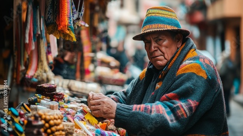 An elderly man in a colorful sweater and hat sits at his stall in a busy market.
