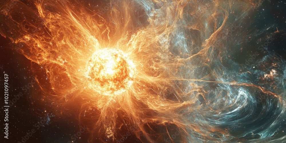 Vivid cosmic explosion with swirling patterns of fiery orange and blue gases in space. Vivid cosmic explosion with swirling patterns of fiery orange and blue gases in space.