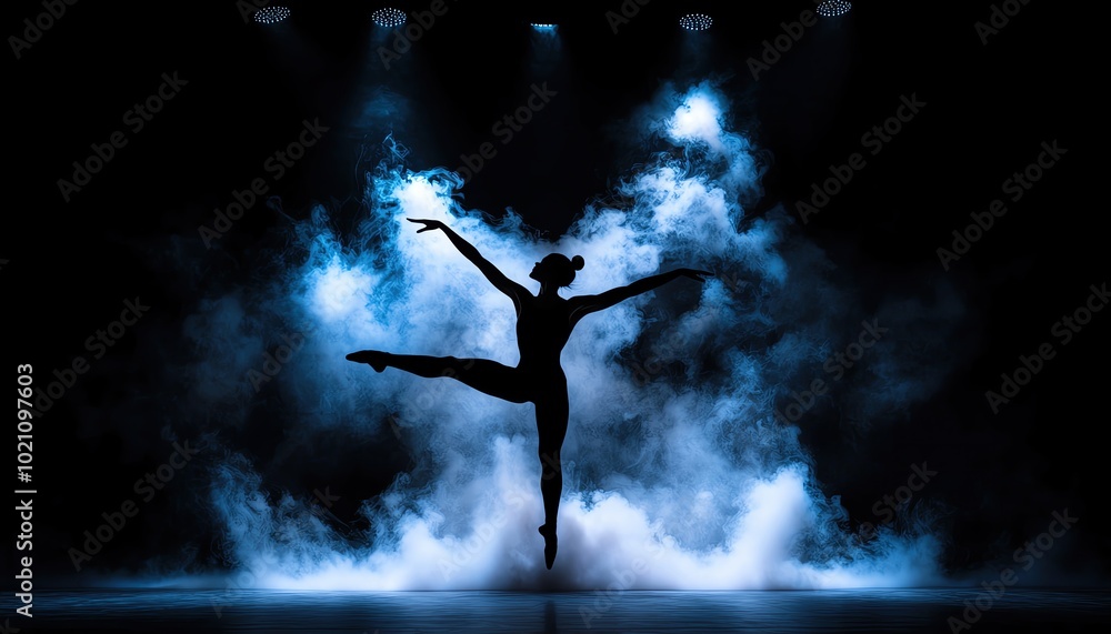 Silhouette of a dancer in midmovement, surrounded by smoke, with dramatic lighting highlighting the dynamic shapes of the smoke and figure Silhouette of a dancer in midmovement, surrounded by smoke, with dramatic lighting highlighting the dynamic shapes of the smoke and figure
