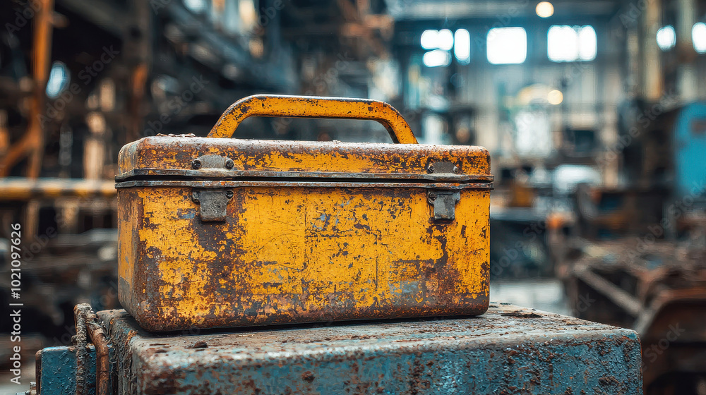 A rugged yellow rusty toolbox sits prominently on a metallic surface in a warehouse space, symbolizing industry, craftsmanship, and the passage of time in its worn exterior. A rugged yellow rusty toolbox sits prominently on a metallic surface in a warehouse space, symbolizing industry, craftsmanship, and the passage of time in its worn exterior.