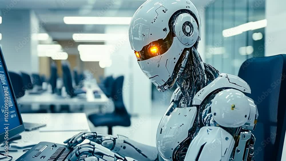 A highly detailed robot with human features works efficiently on a computer in a modern office setting, symbolizing automation and the future of technology. A highly detailed robot with human features works efficiently on a computer in a modern office setting, symbolizing automation and the future of technology.