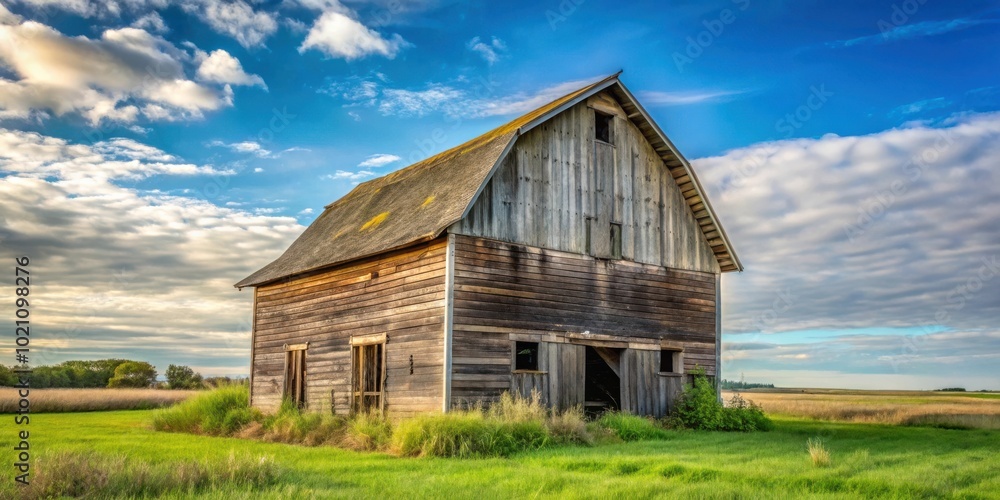 Obraz premium A weathered wooden barn stands solitary in a field of grass, a testament to simpler times and the enduring beauty of rural landscapes.