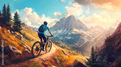 A mountain biker bathed in sunshine skillfully navigating a snaking path against the towering backdrop of the rocky mountains. Rocky Mountain Trail. Illustration