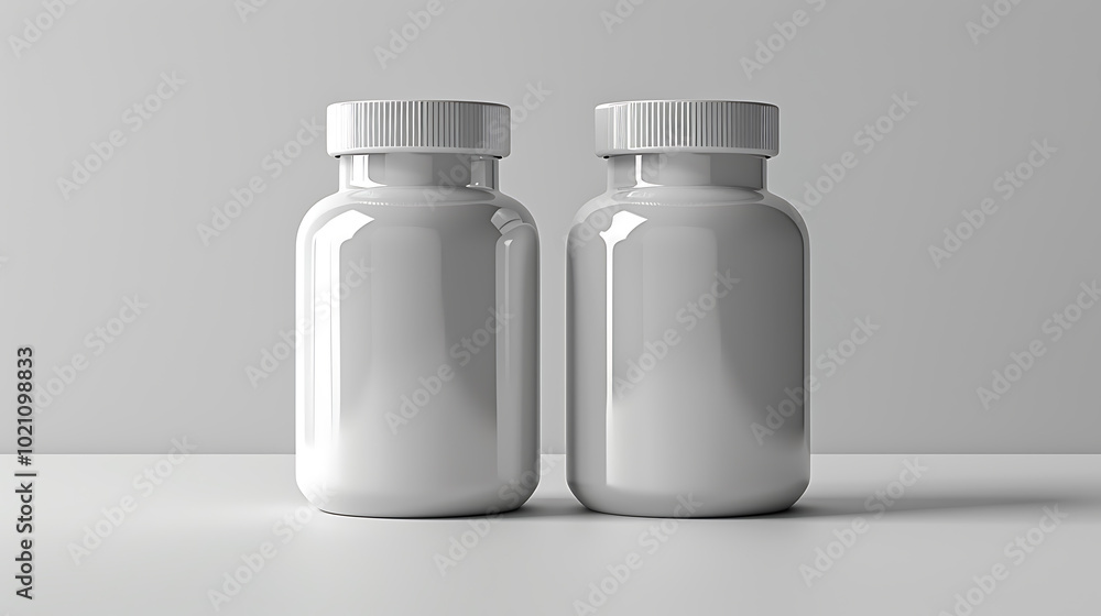 Two white plastic bottles with lids are side by side on a plain white surface. The bottles are empty and ready for your product labels. Two white plastic bottles with lids are side by side on a plain white surface. The bottles are empty and ready for your product labels.