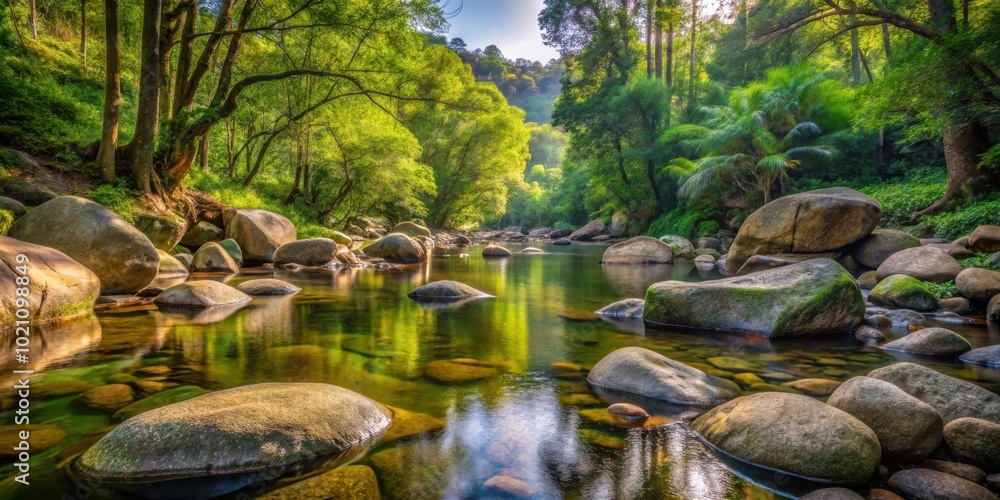 A tranquil stream winds through a lush forest, reflecting the sunlight filtering through the canopy, creating a serene and idyllic landscape. A tranquil stream winds through a lush forest, reflecting the sunlight filtering through the canopy, creating a serene and idyllic landscape.