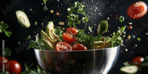 Vibrant salad ingredients burst from a metal bowl, showcasing freshness and vitality.