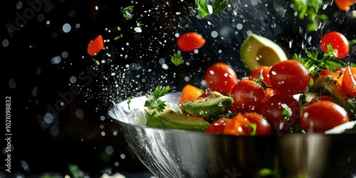 A vibrant salad with cherry tomatoes, avocado, and herbs tossed in mid-air, capturing a sense of freshness and dynamism. photo