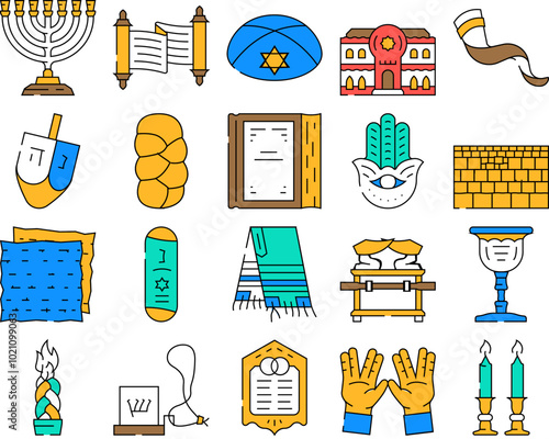 judaism religion jewish icons set vector. jew israel, synagogue hanukkah, star hanuka, people, israeli hebrew, holocaust judaism religion jewish color Contour Illustrations
