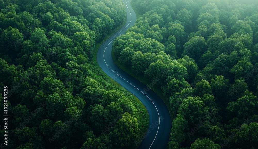 Fototapeta premium A winding road through a forest with trees on both sides