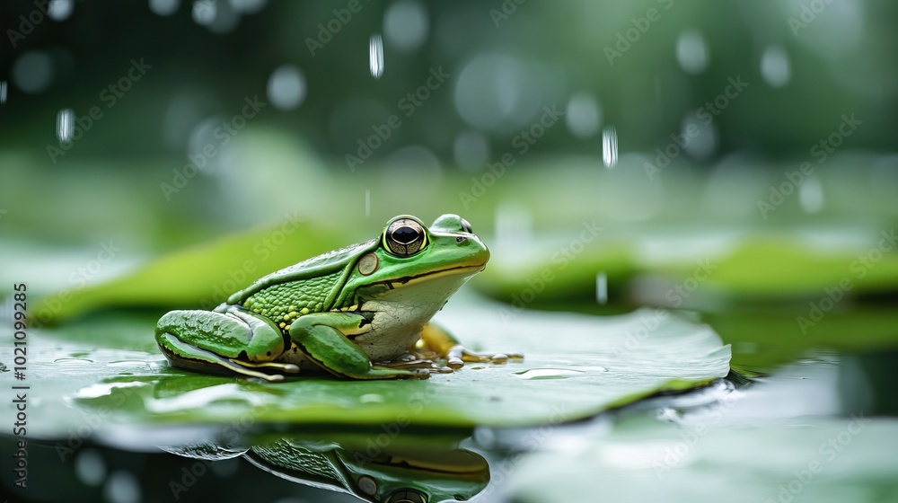 Close up of a green frog on a lily pad Close up of a green frog on a lily pad